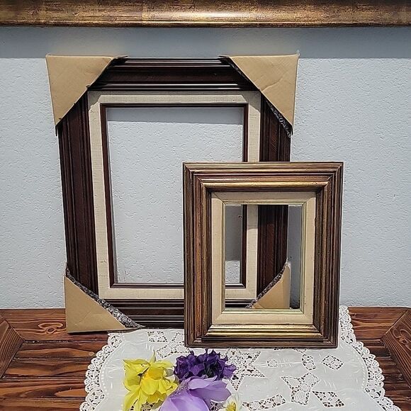 Pair Vtg MCM Wood Art Frames Linen Liner holds 9x12 & 5 x7 no glass Gallery Wall - Picture 1 of 15